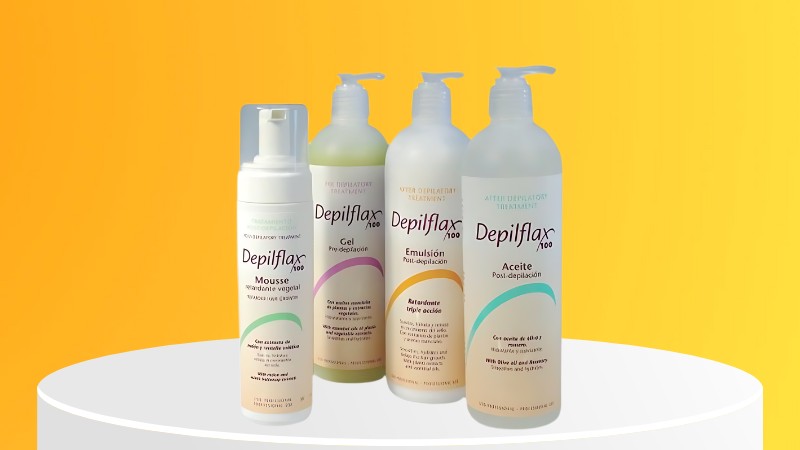  "Produkty Depilflax 100 včetně emulze, oleje a gelu před a po depilaci voskem, vhodné pro profesionální péči o pokožku."